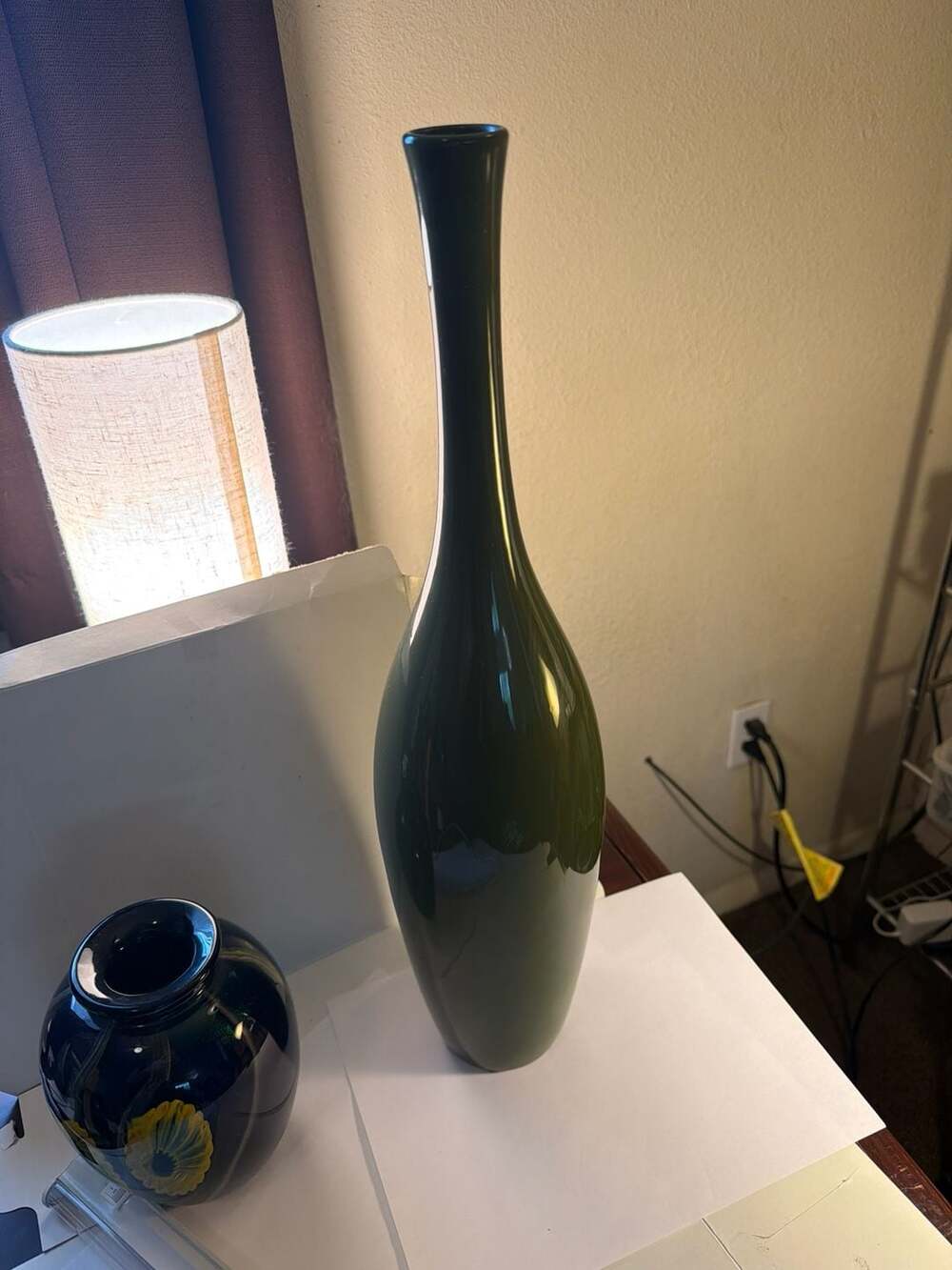 Global Views Tall Slender Dark Green Ceramic Bottle Vase, 20"